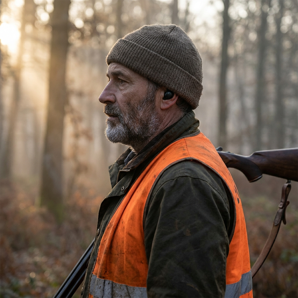 Chasseur en forêt à l'aube portant les écouteurs AFFÛT — discrets et compatibles épaulé